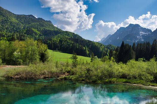 The Sava River source in Slovenia. Beautiful lake and suroundings, landscape image.