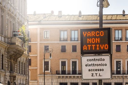 Italian Zona Traffico Limitato street sign in Rome, restricted driving zone information in a street display