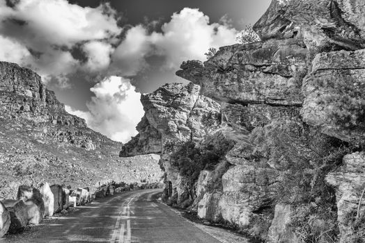 Dacres Pulpit in the historic Bains Kloof Pass in the Western Cape Province. Monochrome