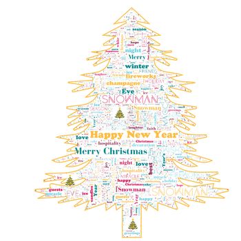 conceptual Merry Christmas holiday or Happy New Year winter abstract text word cloud, metaphor to celebration, Santa, december, love, family, in shape of christmas tree