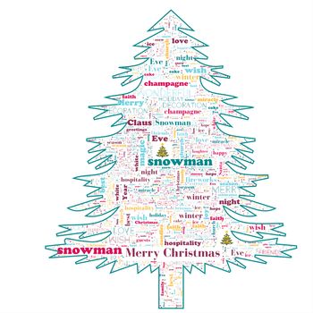conceptual Merry Christmas holiday or Happy New Year winter abstract text word cloud, metaphor to celebration, Santa, december, love, family, in shape of christmas tree