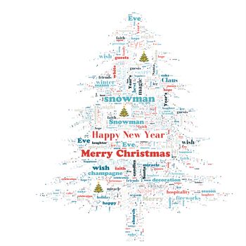 conceptual Merry Christmas holiday or Happy New Year winter abstract text word cloud, metaphor to celebration, Santa, december, love, family, in shape of christmas tree