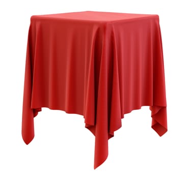 Red cloth on a square pedestal, isolated on white. 3d illustration