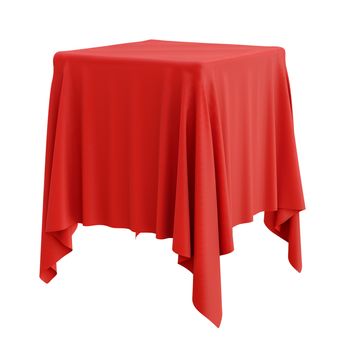 Red cloth on a square pedestal, isolated on white. 3d illustration