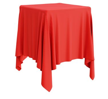 Red cloth on a square pedestal, isolated on white. 3d illustration