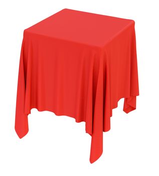 Red cloth on a square pedestal, isolated on white. 3d illustration