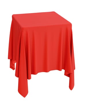 Red cloth on a square pedestal, isolated on white. 3d illustration