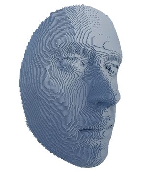 Abstract human face constructing from cubes on white background. Face ID or Artificial intelligence concept. 3D illustration