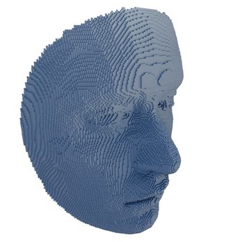 Abstract human face constructing from cubes on white background. Face ID or Artificial intelligence concept. 3D illustration