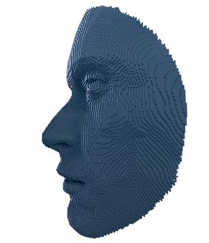 Abstract human face constructing from cubes on white background. Face ID or Artificial intelligence concept. 3D illustration