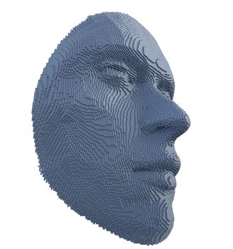 Abstract human face constructing from cubes on white background. Face ID or Artificial intelligence concept. 3D illustration