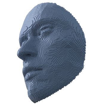 Abstract human face constructing from cubes on white background. Face ID or Artificial intelligence concept. 3D illustration