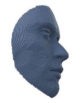 Abstract human face constructing from cubes on white background. Face ID or Artificial intelligence concept. 3D illustration