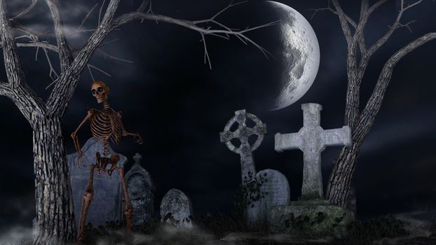 Skeleton in a spooky cemetery at night with moon - 3d rendering