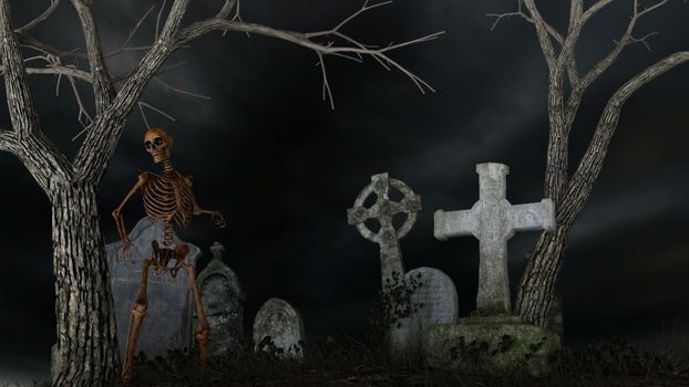 Skeleton in a spooky cemetery at night - 3d rendering