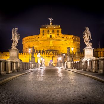 Nobody during night on the bridge in front of Sant'Angelo Castle in Rome