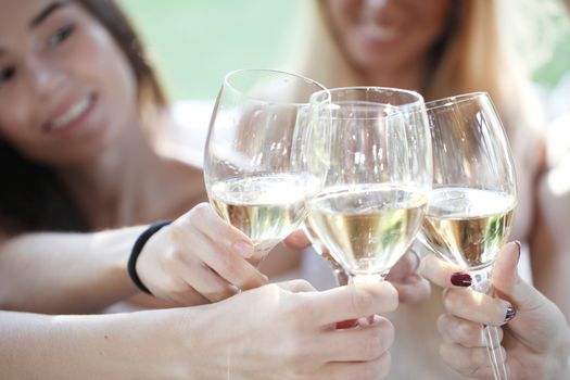Happy female friends toasting white wine outdoors