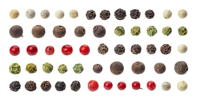 Different peppercorns. Black, red, white and allspice peppercorns isolated on white background, collection