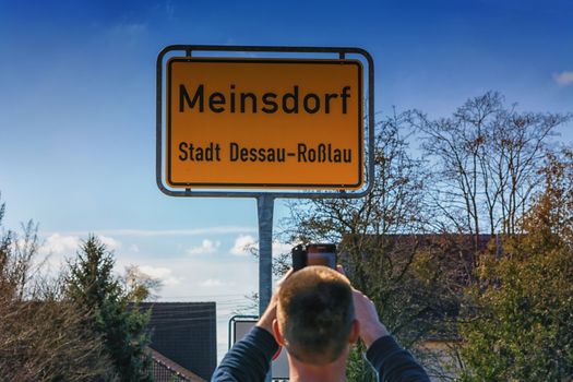 Town  Entrance sign of the village Meinsdorf, town Dessau Rosslau in Germany.