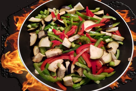 Grilled vegetables in a cast iron grill pan, top view