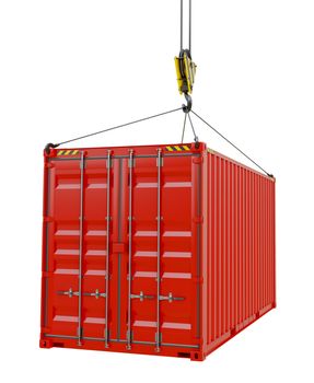 Service delivery - red cargo container hoisted by hook. 3D rendering