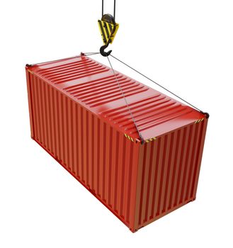 Red cargo container hoisted by hook, isolated on white. 3D rendering