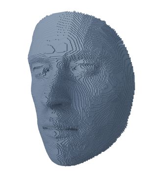 Abstract human face constructing from cubes on white background. Face ID or Artificial intelligence concept. 3D illustration