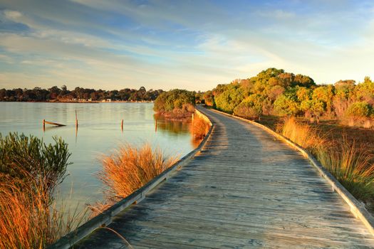 Early morning light on the boardwalk along the inlet coastal lagoon Victoria