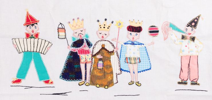 Old handmade textile - Party with a king, queen and prince - Vintage piece