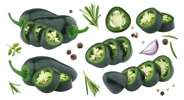 Green jalapeno pepper isolated on white background with clipping path, collection with spices and herbs