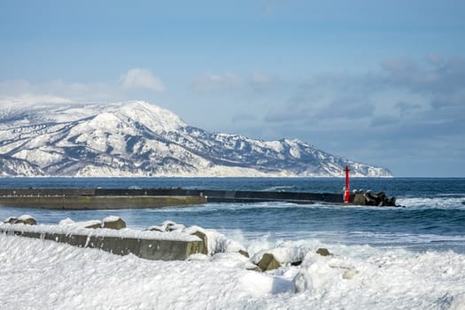 The landscape of the coast of Shiretoko near Rausu in winter at Hokkaido of Japan.