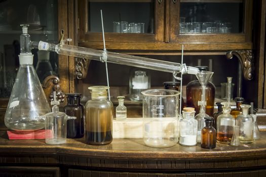 Vintage glass equipment on wooden table