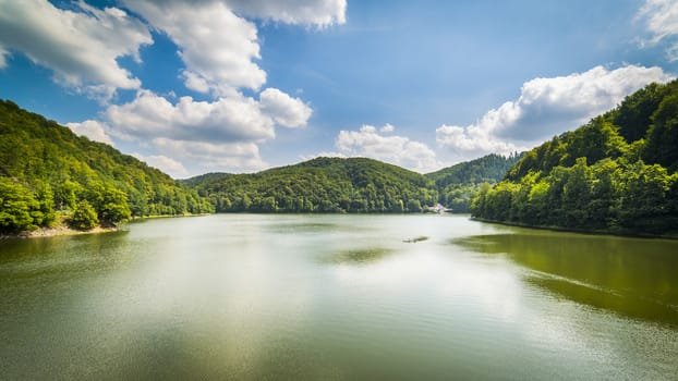 View on Bystrzyckie Lake from Water dam in Zagorze Slaskie, Owl mountains, Silesia, Poland