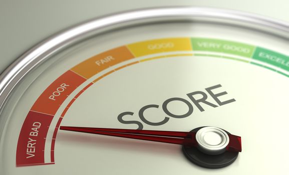 3D illustration of a conceptual gauge with needle pointing to very bad scoring. Business credit score concept.