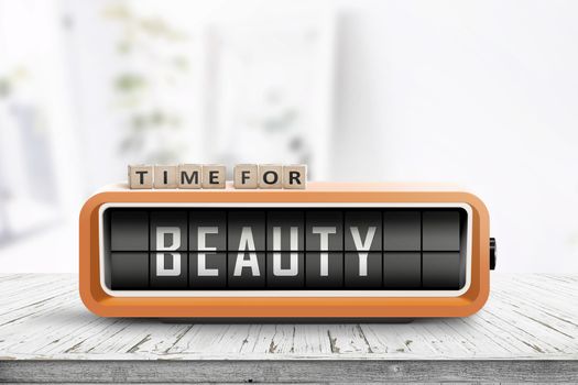 Time for beauty message on a retro alarm clock in a bright living room