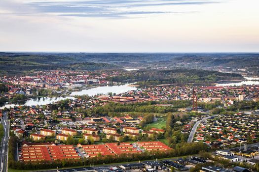 Silkeborg city in Denmark seen from above with buildings and rivers