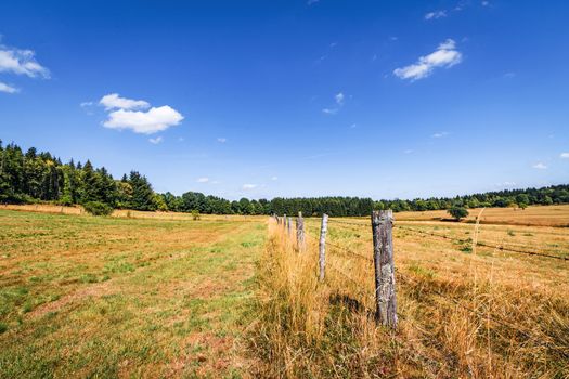 Rural scenery with a fence on dry land in the summer under a blue sky