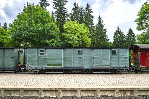 Train wagon with cargo on a railway at a station with green trees in the background in cloudy weather