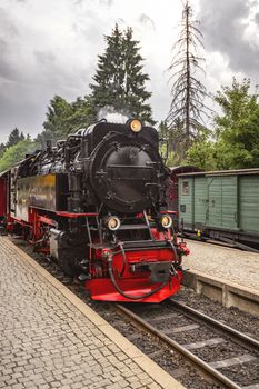 Locomotive arriving at a train station with trees in the background