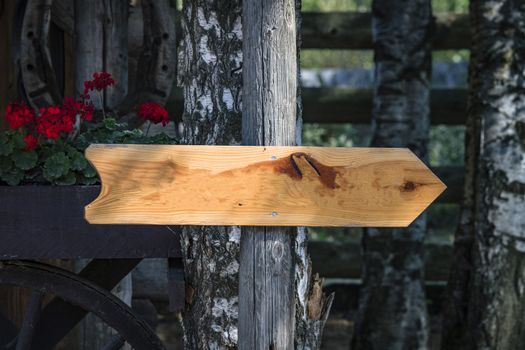 Wooden arrow sign outside a house with red flowers