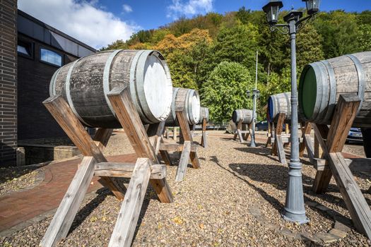 Barrels on stands containing alcohol in beautiful nature