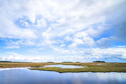 River landscape with dry plains under a blue sky in the summer