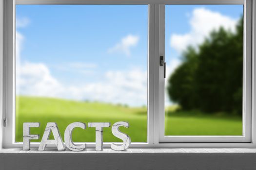 Facts decor sign in a window with a green meadow in the background