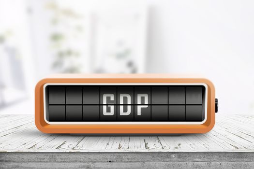 GDP announcement on a retro device in a bright office with a wooden desk