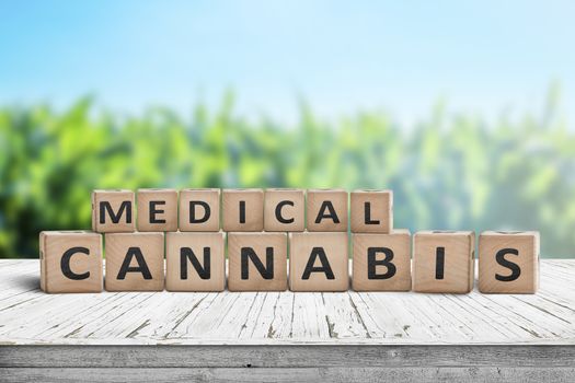 Medical Cannabis sign on a natural desk with a field of herbs in the background