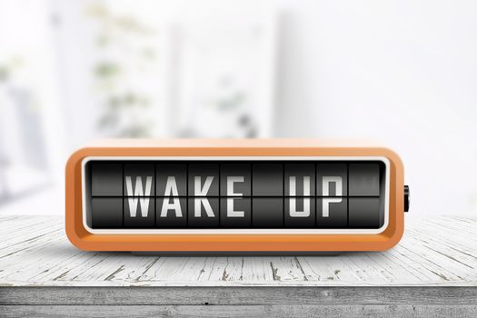 Wake up alarm clock on a table in a bright room with sunlight coming through the windows