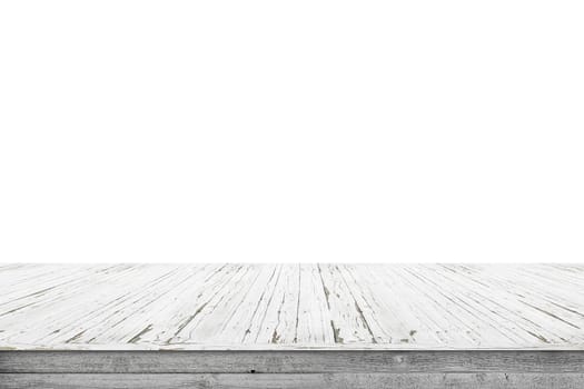 Wooden stage of planks with pealing white paint isolated on a white background