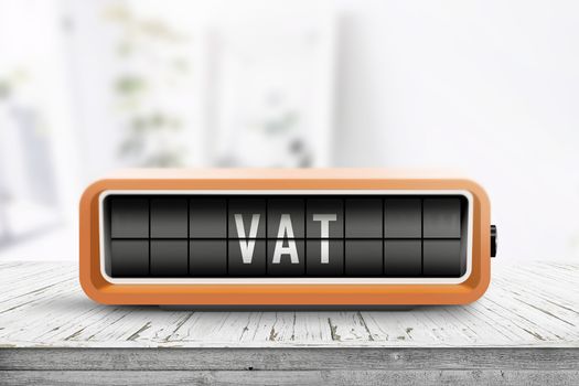 VAT tax sign in form of a retro alarm clock on a wooden table in a bright room