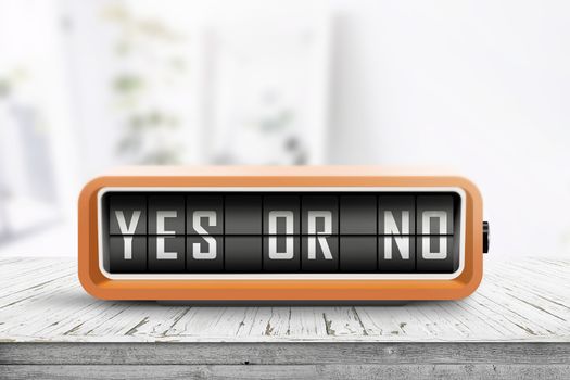 Yes or no message on a retro device in a bright room with a wooden desk