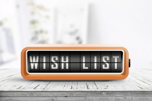 Wish list written on a retro alarm device in a bright room